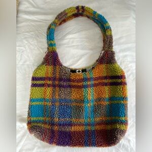 Sherpa Colorful Plaid Y2K Large Tote Bag Snap Closure NWOT